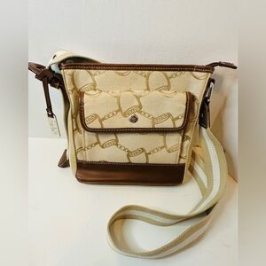 Chaps Cream Canvas and Brown Leather Crossbody Bag Purse W/ Horsebit Logo Print